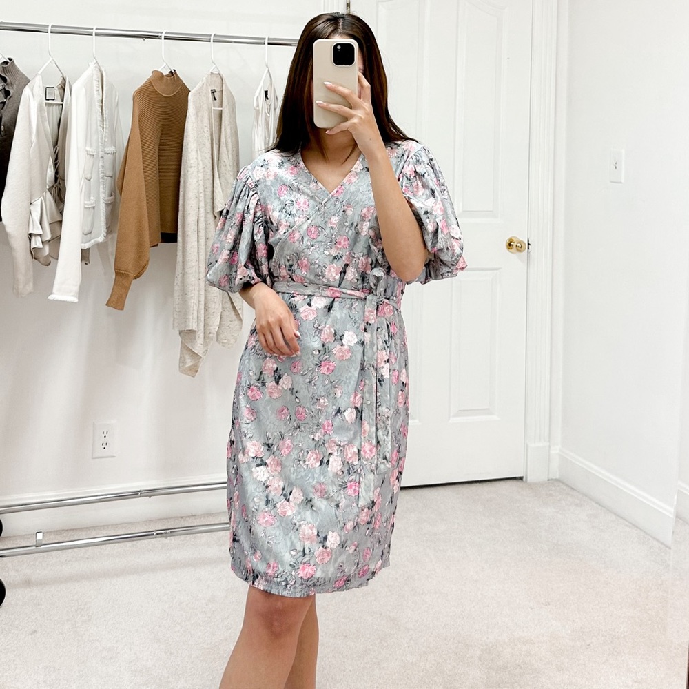 Anne Fontaine Dorcas Floral Lace Wrap Puff Sleeve Dress in Grey and Pink